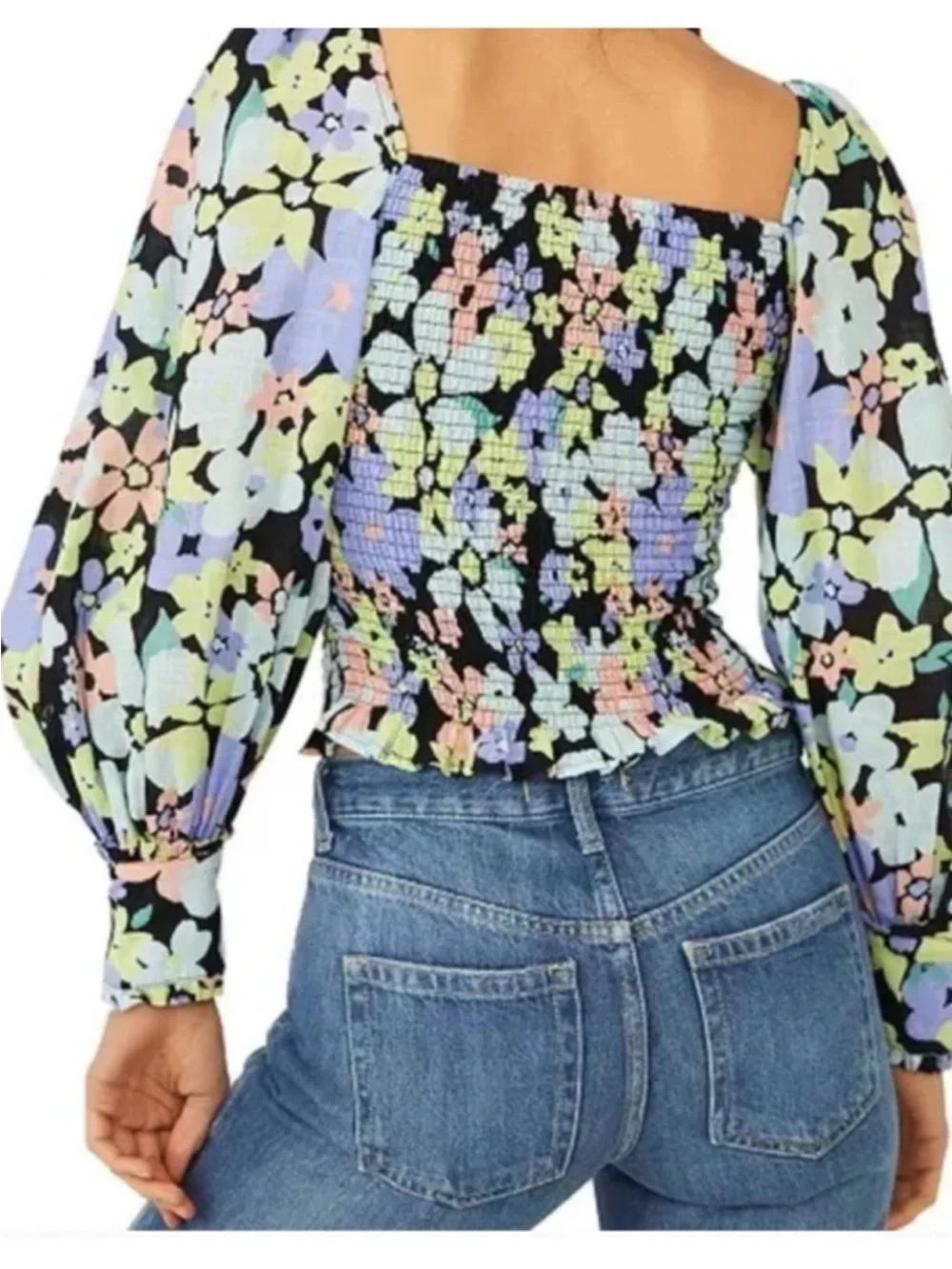 New Free People Black Floral Ariana Print Smocked Puff-Sleeve Crop Top Size XS
